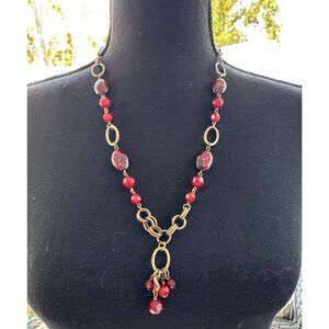 Cara New York Ruby Red Beaded Tassel Gold Chain Statement Necklace 14" Drop NEW